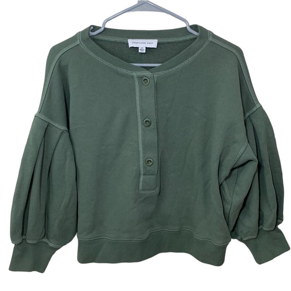 Something Navy Greta Henley Olive Sweatshirt Women's Size XS Bell Sleeves Boho